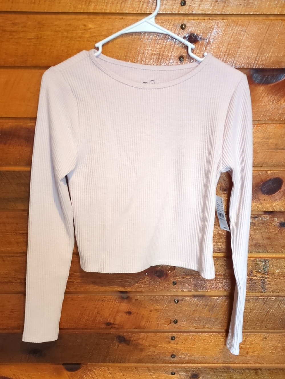 NWT Women's Long Sleeve Waffle Ribbed Crewneck Crop Top - Light Pink